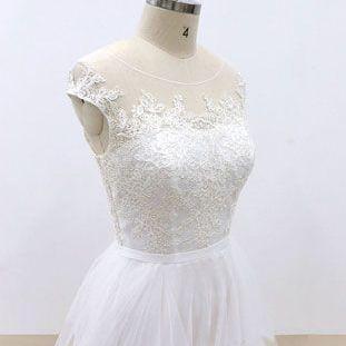 White Round Neck Tulle Lace Long Prom Dress, White..