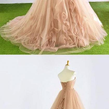 Champagne Sweetheart Neck Tulle Long Prom Dress,..
