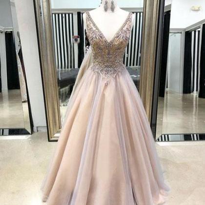Champagne v neck tulle long prom dress, retract your waist evening dress