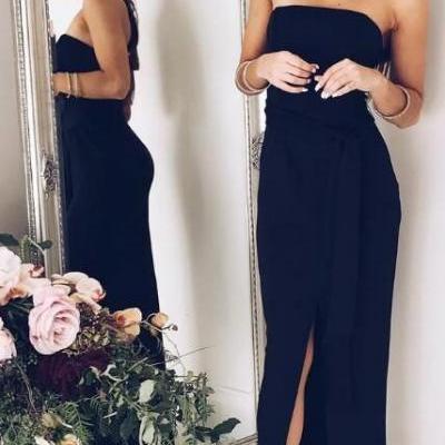 strapless dark navy blue long prom dress, 2018 prom dress with side slit, prom dress with sash, sexy formal evening dress