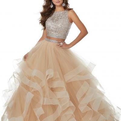 Sparkly Two Piece Champagne Long Prom Dress with Open Back