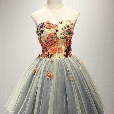 Unique sweetheart lace applique short prom dress, homecoming dress