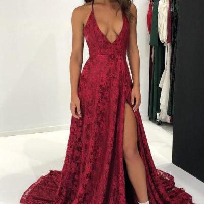Sexy Spaghetti Straps A-Line Red Prom Dresses,Cheap Prom Dress,Graduation Dress,Evening Dress,Formal Dress,Lace Prom Dresses,V-Neck Prom Dress