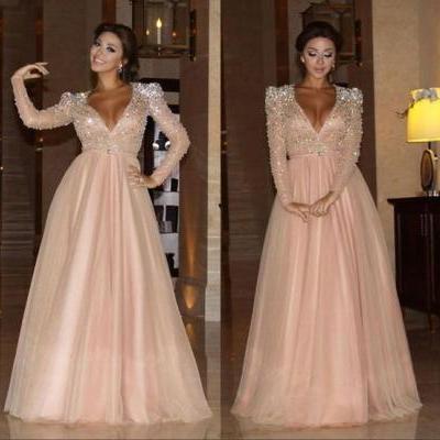  Blush Pink Long Sleeves Prom Evening Dresses V Neck Crystals Sash Floor Length A Line Plus Size Celebrity Party Dresses, Formal Women Dress ,New Fashion,Party Gown,Evening Dress
