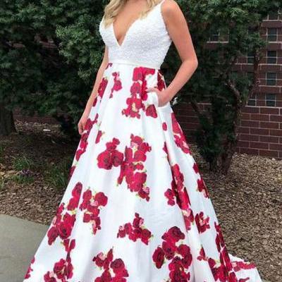 A-Line Deep V-Neck Sweep Train White Printed Satin Prom Dress with Beading Pockets,Custom Made,Party Gown,Cheap Evening dress