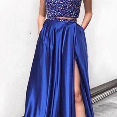 two piece halter navy blue prom dresses, two piece beaded long party dress for teens,leg split evening dress