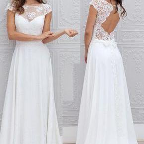 Gorgeous Cap Sleeves Lace Chiffon Ivory Prom Dress Gorgeous Formal Evening Gown, Bridal Gown Elegant Prom Gown Ivory Wedding Dress 