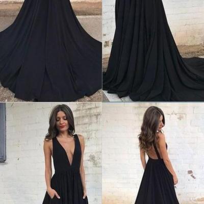 Black deep v neck long formal gown women evening dresses,sexy party dresses
