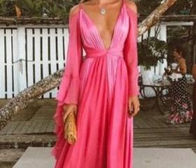 Sexy V-Neck Puffy High Waist Half Sleeve Long Prom Party Dress,DP0175 main image 1
