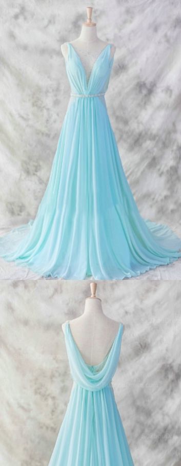 Feminine Sleeveless Prom Dresses, Light Blue Sleeveless Prom Dresses, Long Prom Dresses, Ice Blue Simple Deep V-neck Beaded Open Back Prom