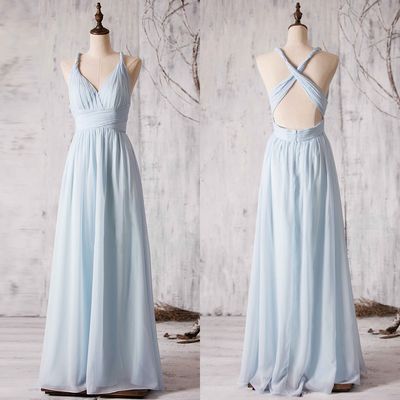 V-neck Chiffon Bridesmaid Dress With Crisscross Back, Floor-length Bridesmaid Dress With Ruching Detail, Sexy Bridesmaid Gowns