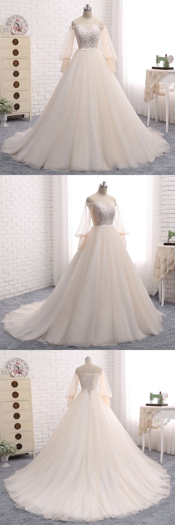 Long Wedding Dress, Long Sleeve Wedding Dress, Tulle Wedding Dress, Off Shoulder Bridal Dress, Charming Wedding Dress, Applique Bridal Dress,