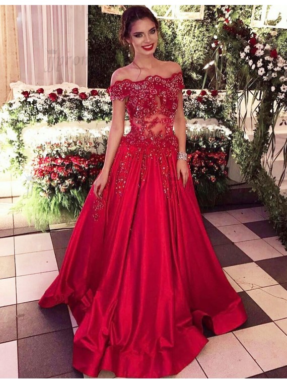  A Line  Off the Shoulder Sweep Train Red  Satin Prom  Dress  