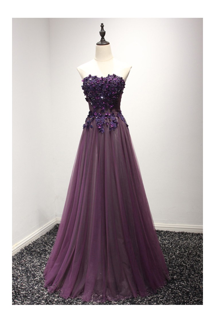 Purple Party Dress Long Floral Prom Formal Dress In Long Strapless Evening Dress