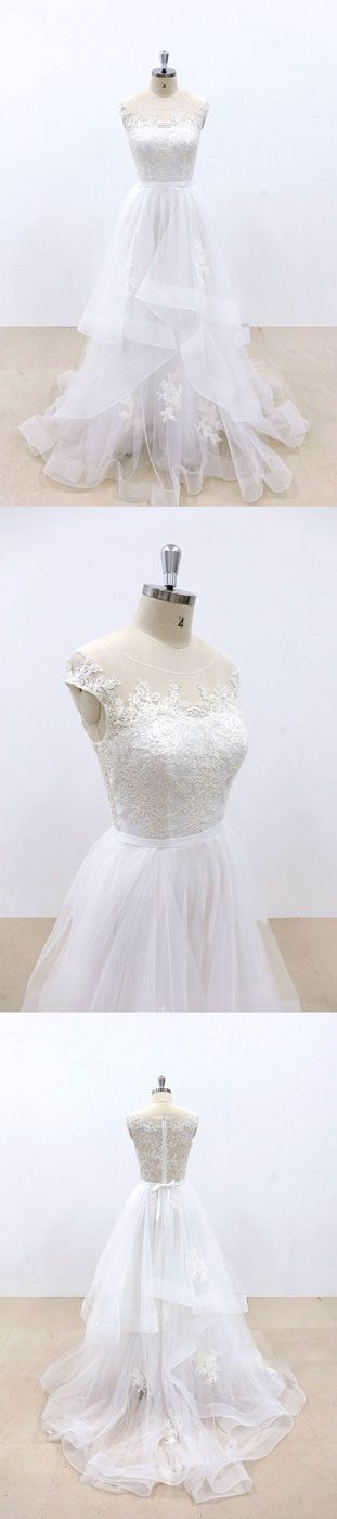 White Round Neck Tulle Lace Long Prom Dress, White Lace Wedding Dress
