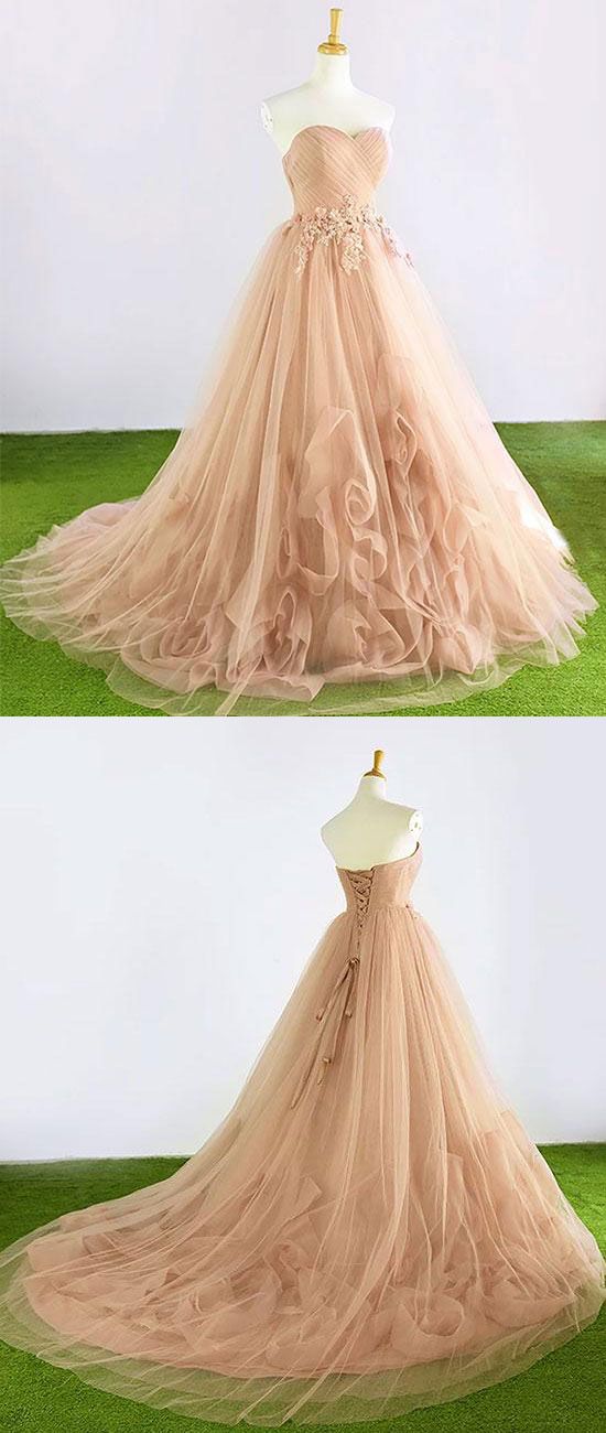 Champagne Sweetheart Neck Tulle Long Prom Dress, Evening Dress
