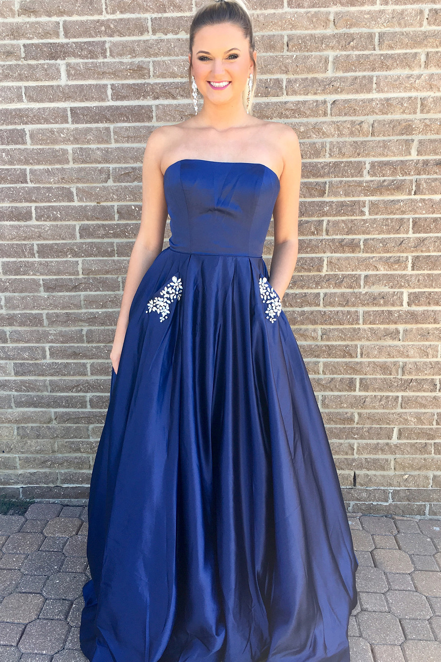 Princess Strapless Navy Blue Long Prom  Dress  With Pockets  