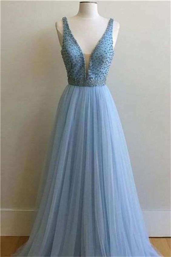 Beautiful Light Blue Long A-line Deep V-neck Beading Tulle Elegant Prom Dresses , Formal Prom Dress ,party Gown,evening Dress, Prom Dress