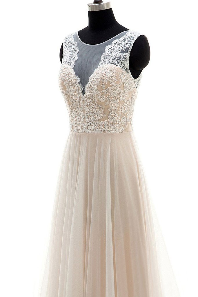 Champagne Round Neck Tulle Lace Long Prom Dress, Champagne Party Dress ...