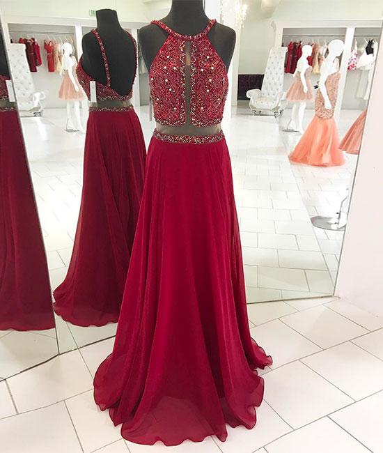 Sexy Open Back Prom Dress,burgundy Party Dress,beaded Wine Red Evening Dress