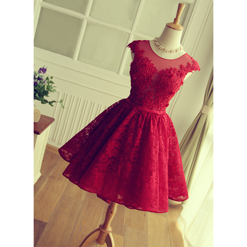 Keyhole Back Red Lace Bridesmaid Dress,short Lace Prom Dress,red Cocktail Dress,cap Sleeves Formal Party Dress,red Lace Homecoming Dresses
