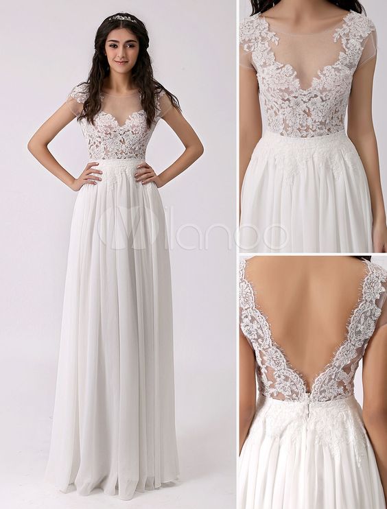 Ivory Wedding Dresses 2019 Lace Chiffon Beach Bridal Dress Illusion