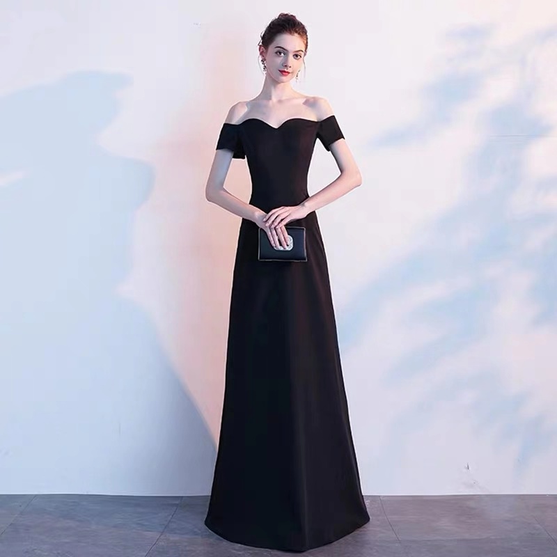 Black Evening Dress Off-the-shoulder Prom Dress Simple Generous Party ...