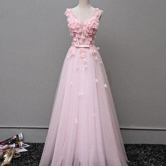 Blush Party Dress Pink Prom Dress V Neck Evening Dress Appliques Ball