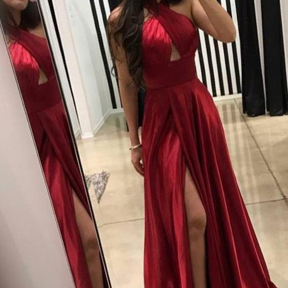 A-Line Cross Neck Floor-Length Sleeveless Dark Red Prom Dresses With ...