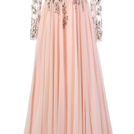 Blush Pink Long Sleeves Floorlength Chiffon Dress Prom Dress, Evening