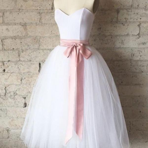 Simple White Tulle Tea Length Prom Dress, White Bridesmaid Dress on Luulla