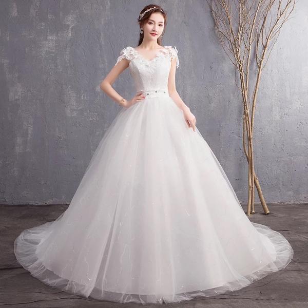 White Wedding Dress Lace Tulle Wedding Dress V-neck Wedding Dress Drag ...