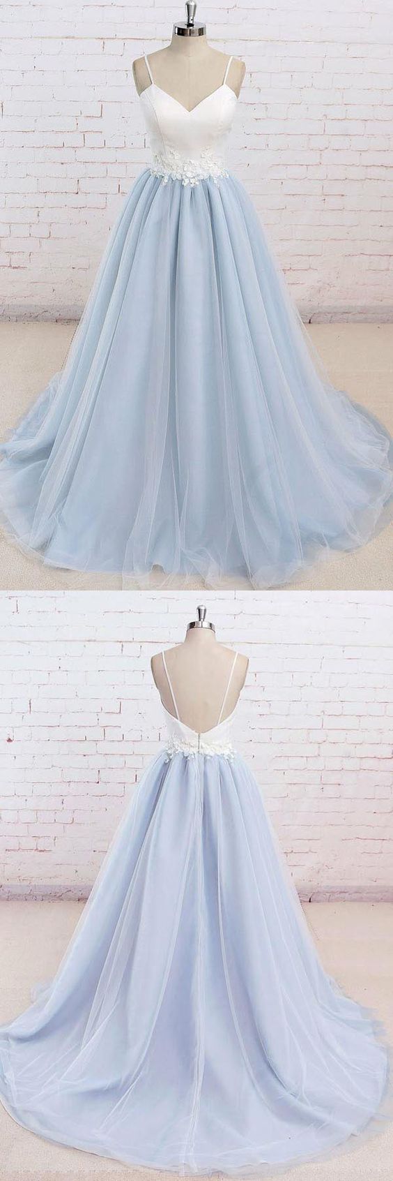 Spaghetti Straps Sweep Train Backless Light Blue Tulle Prom Dress on Luulla