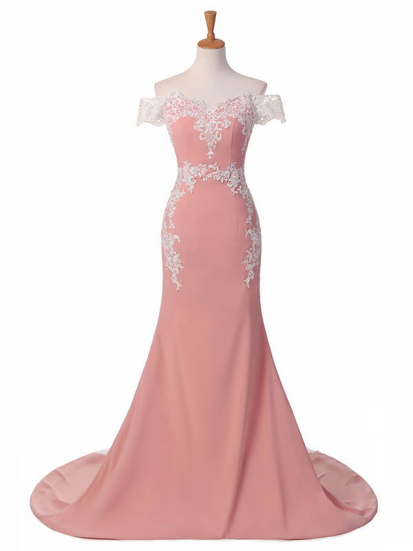 Pink Off-The-Shoulder Lace Applique Mermaid Evening Gowns JTE214