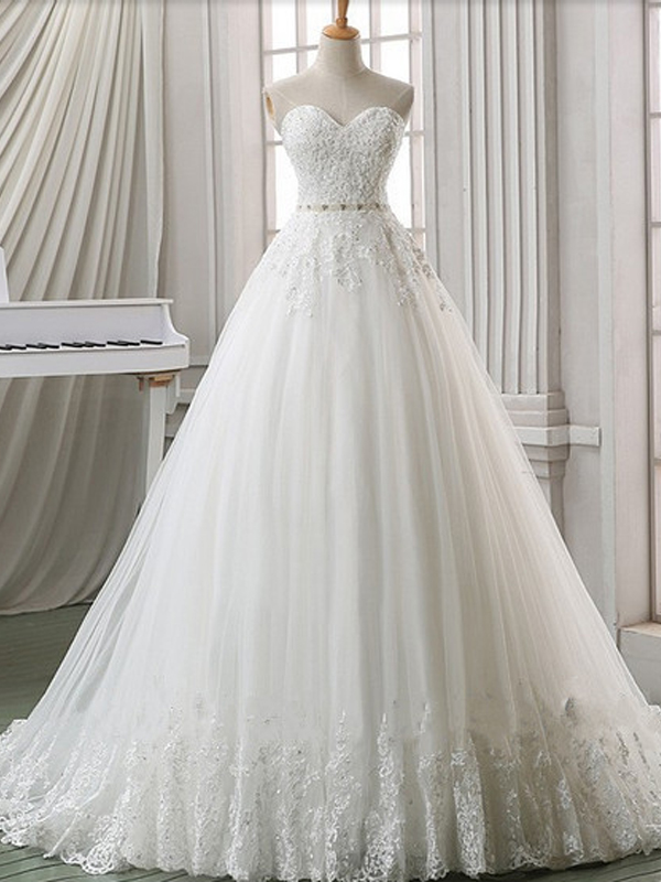 Long Wedding Dress, Lace Sweet Heart Wedding Dress, Tulle Wedding Dress ...