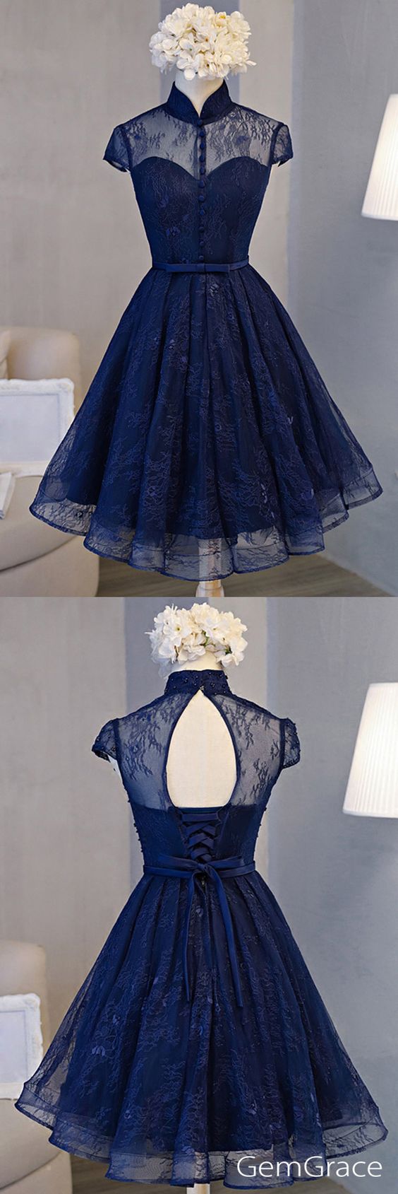 Blue Short Homecoming Dresses, Vintage A-line Knee-length Prom Dress ...