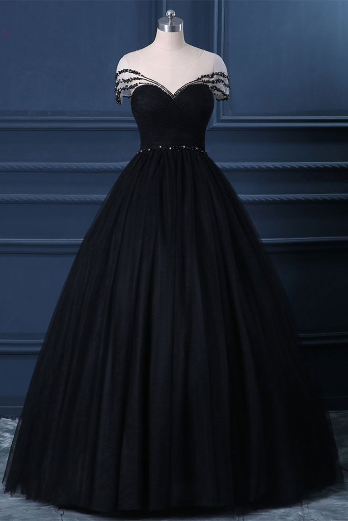 Black Tulle Cap Sleeve Black Tulle Crystal Long Formal Prom Dress ...